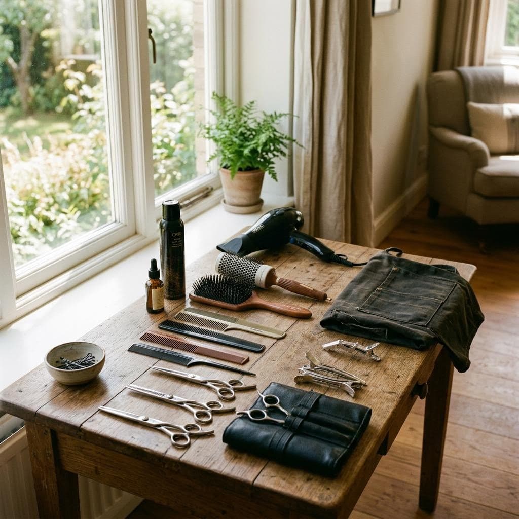 AI illustration: hairdressing tools on a table by a window