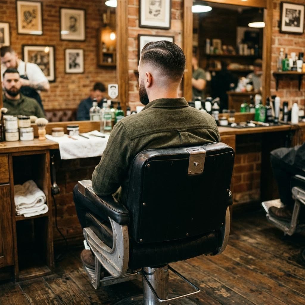 AI illustration: neat skin fade and trimmed beard in a barber chair